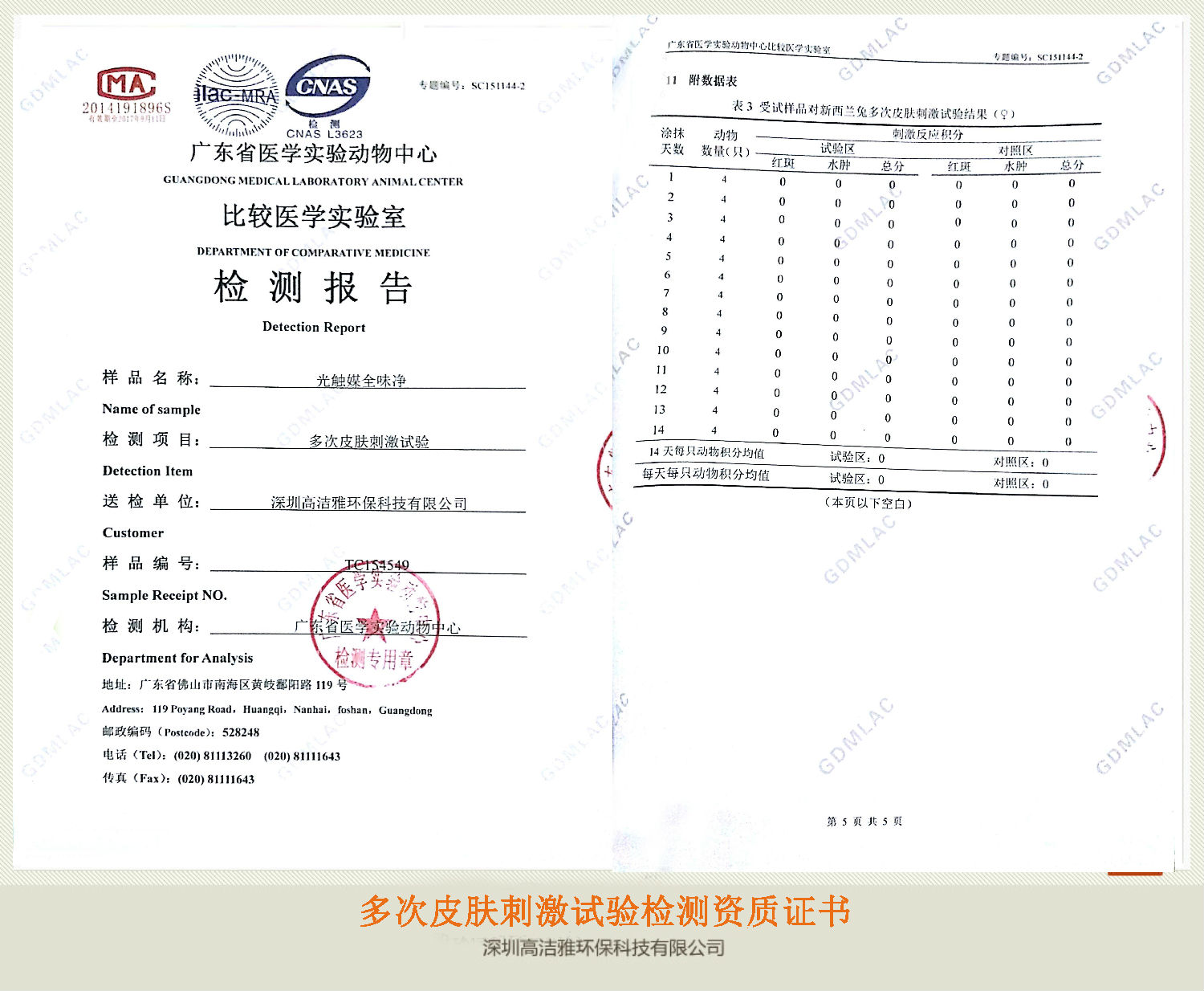 高潔雅——多次皮膚刺激實驗檢測資質證書